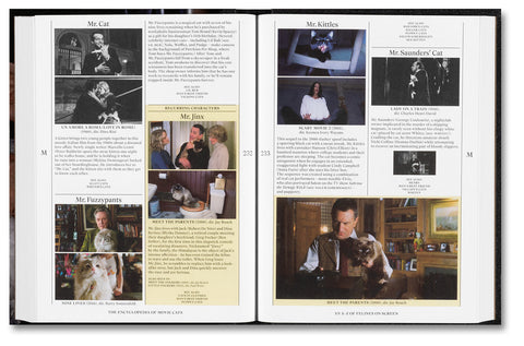 Illustration of various feline characters from "The Encyclopedia of Movie Cats" book by A24, showcasing cats from movies.