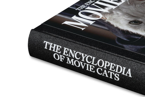 Close-up of the book cover titled "The Encyclopedia of Movie Cats" by A24, featuring illustrated feline characters on a colorful background.