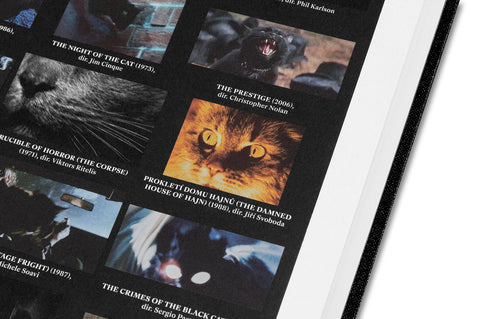Detailed cover image of "The Encyclopedia of Movie Cats" by A24, showcasing a colorful illustration of feline characters on screen.