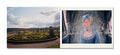Photographs of versaille. Left, the maze garden. Right, Kirsten Dunst dressed in a blue costume as Marie Antoinette in a matching blue carriage