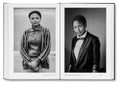 Open photography book "Faces and Phases" by MACK showing black and white portraits of diverse faces on glossy pages.