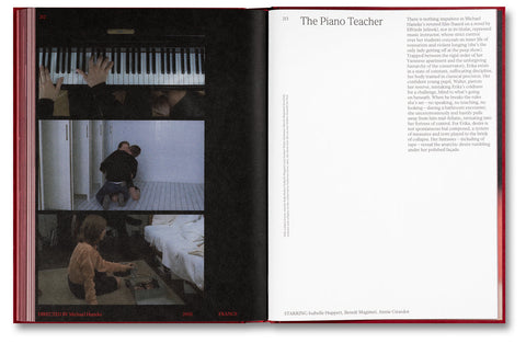 Open film book titled "In the Mood?" by A24, featuring pages with movie scenes and vibrant film-themed illustrations.