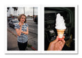 Two images: one of a person smoking on a street corner and another of a hand holding an ice cream cone with a car interior in the background.