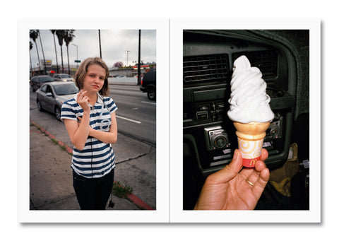 Two images: one of a person smoking on a street corner and another of a hand holding an ice cream cone with a car interior in the background.