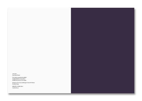 Open photography book titled "How About Never" by MACK, featuring vibrant images and creative layouts on a clean white background.