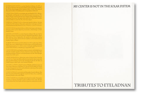 My Center is Not in the Solar System: Tributes to Etel Adnan