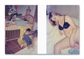 Two images side by side; one of a child in a crib and a second child being fed in a spongebob chair, the other of a person in underwear on a bed with a baby