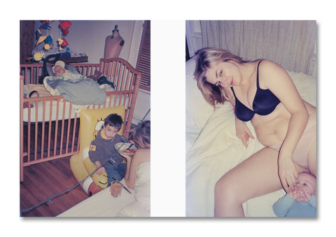 Two images side by side; one of a child in a crib and a second child being fed in a spongebob chair, the other of a person in underwear on a bed with a baby