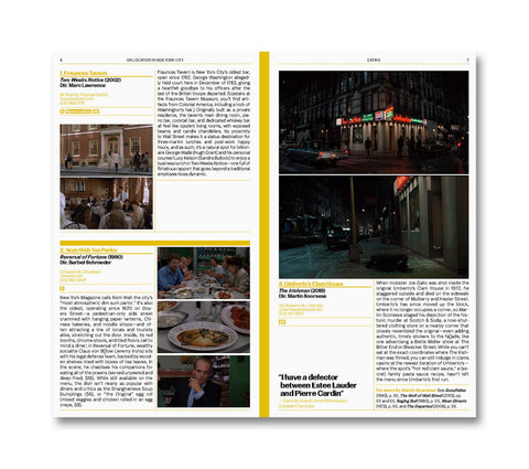 Open book titled "On Location in New York City" from A24 film books, featuring photographs and insights into NYC filming locations.