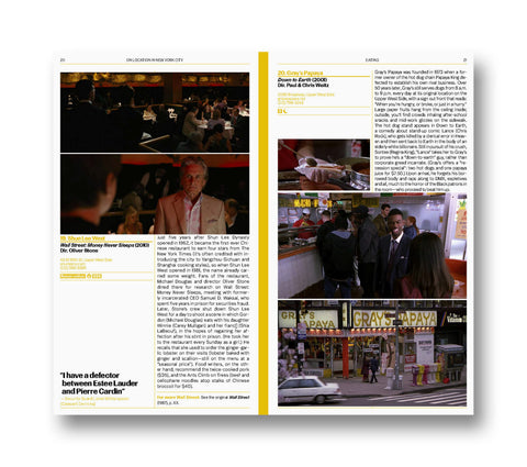 Open spread of A24's "On Location in New York City" film book showing vibrant NYC street scenes and film production images.