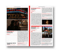 Open spread of A24 film book titled "On Location in New York City" showing images and text about NYC film locations.