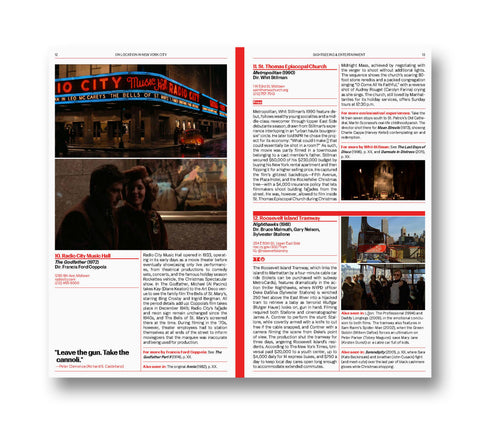 Open spread of A24 film book titled "On Location in New York City" showing images and text about NYC film locations.