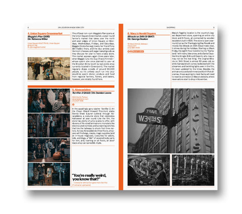 Open film book titled "On Location in New York City" by A24, showcasing pages with images and descriptions of NYC filming locations.