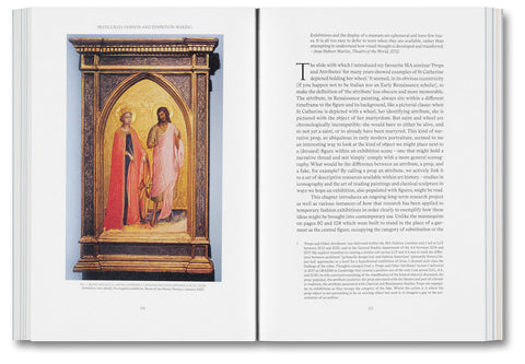 Close-up of the book "Prefigured: Fashion and Exhibition-Making" by SPBH Editions, showing the cover with artistic design.