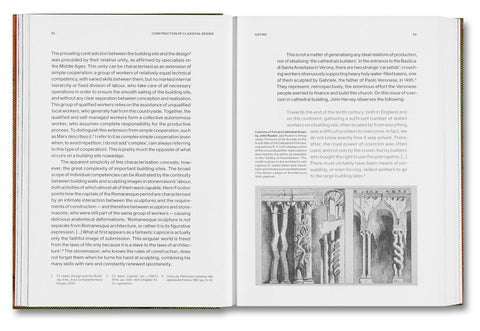 Open architecture book showcasing classical design construction by MACK, featuring detailed illustrations and architectural plans.