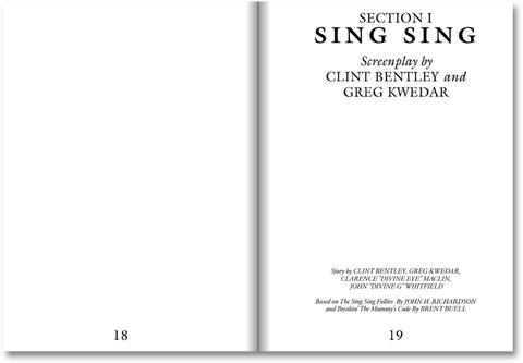 Open Sing Sing screenplay book by A24 showing handwritten notes and script pages from the film.