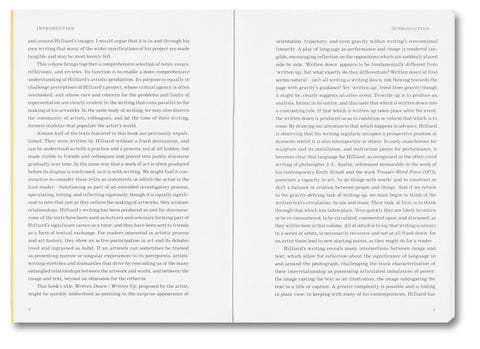 Cover of "Written Down / Written Up" book by John Hilliard, published by MACK, featuring a minimalist design and bold typography.